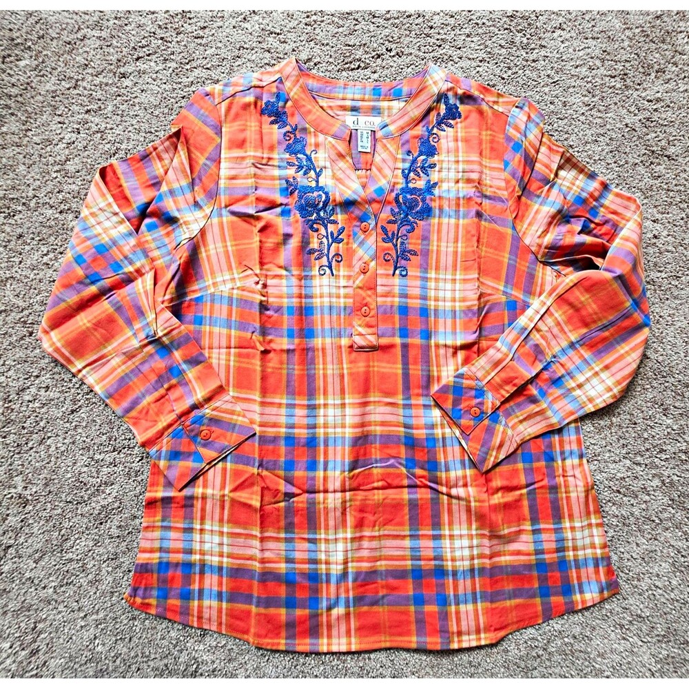 Denim & Co  Stretch Plaid Shirt M Embroidered Pullover Button Top Y Neck A342487